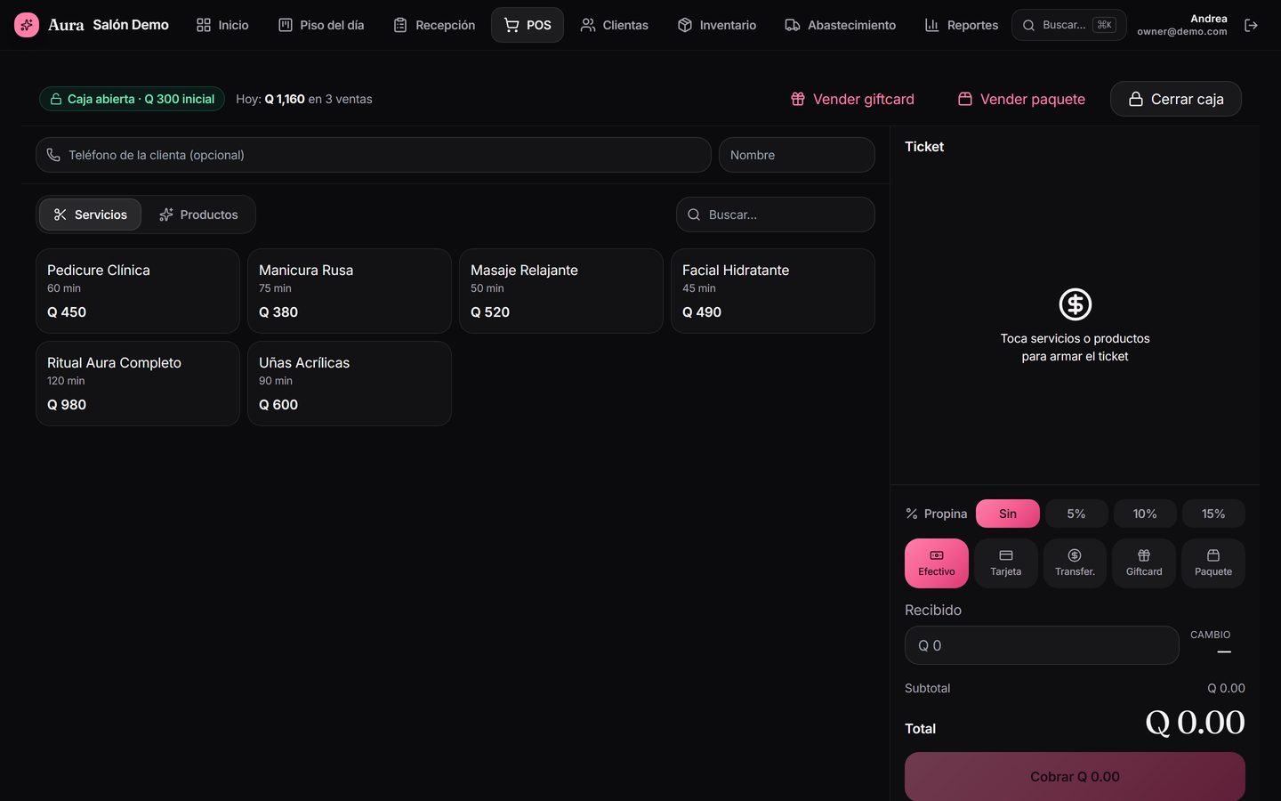 Punto de venta de Aura: cobro con servicios, productos, método de pago y propina en una sola pantalla