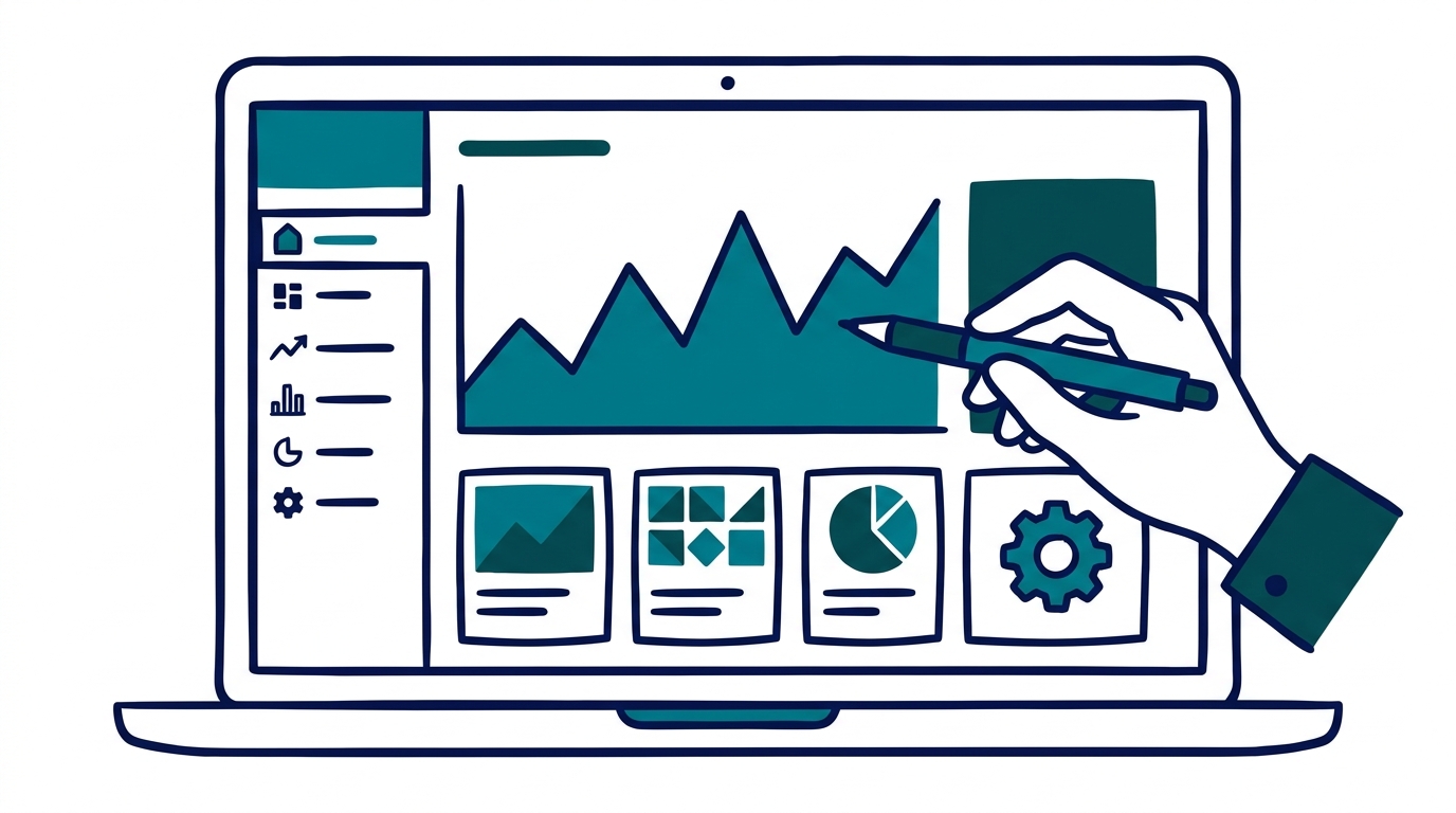 Ilustración de software a medida: dashboard en laptop con panel admin, gráficos y datos