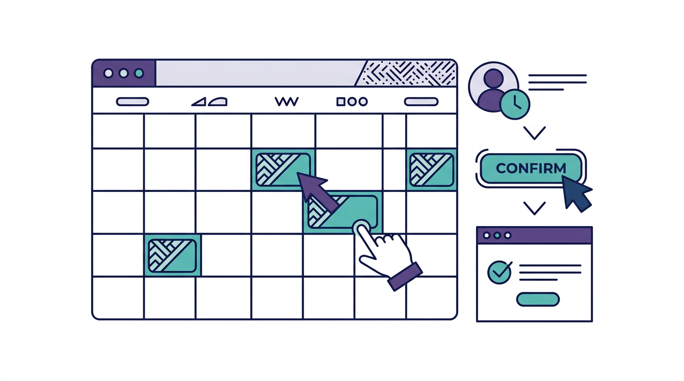 Ilustración de sistema de reservas: calendario con slots por día, botón de confirmación