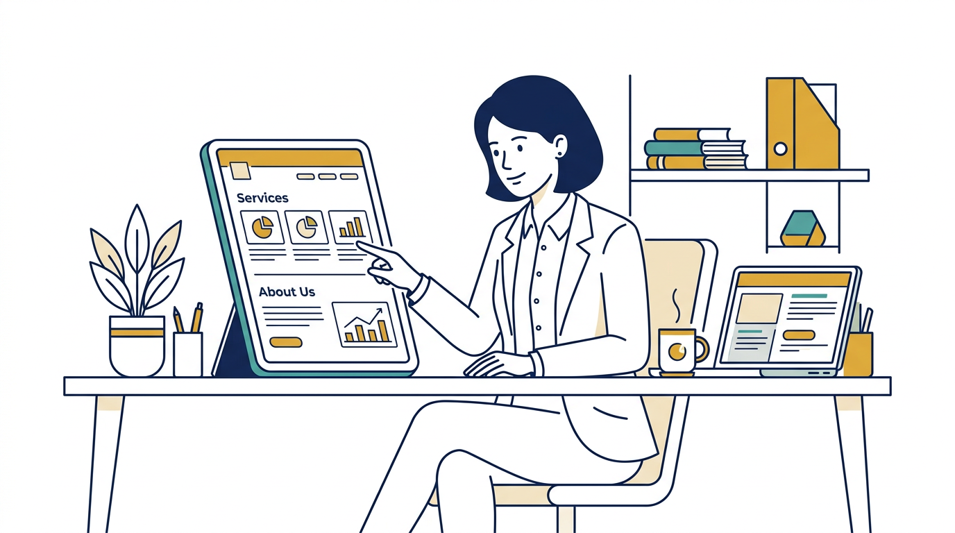 Ilustración de sitio institucional: dueño de negocio con mockup de página web
