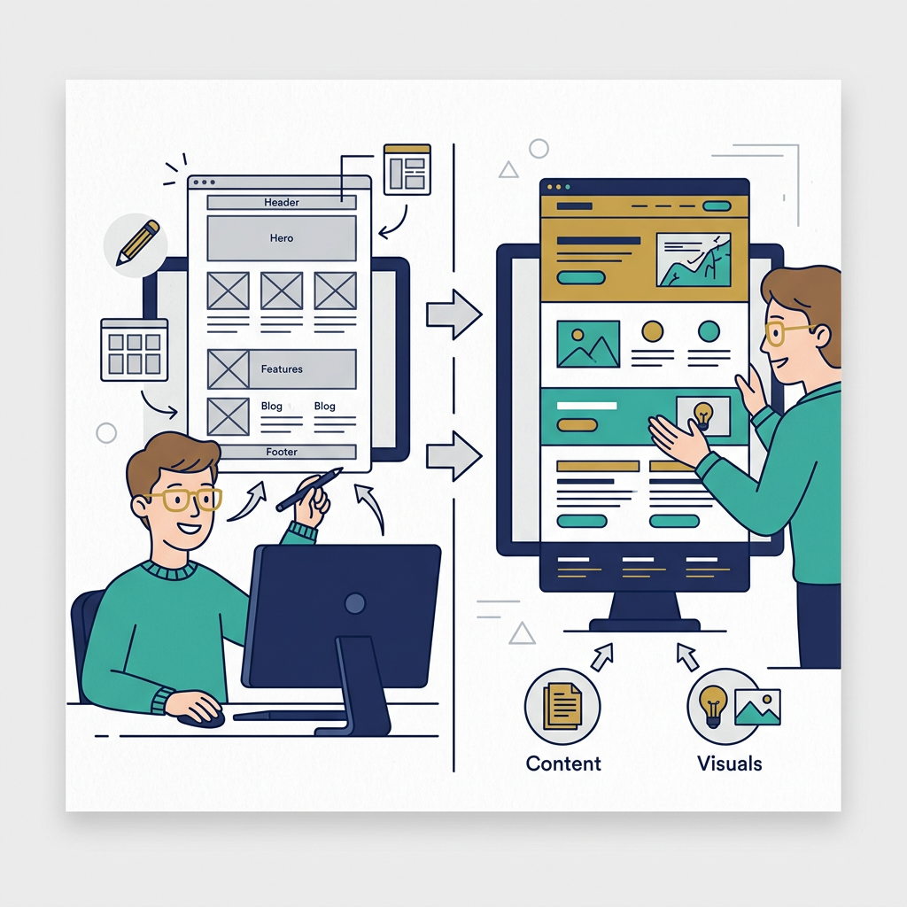 Paso 2: diseño del sitio, diseñador con mockup en pantalla